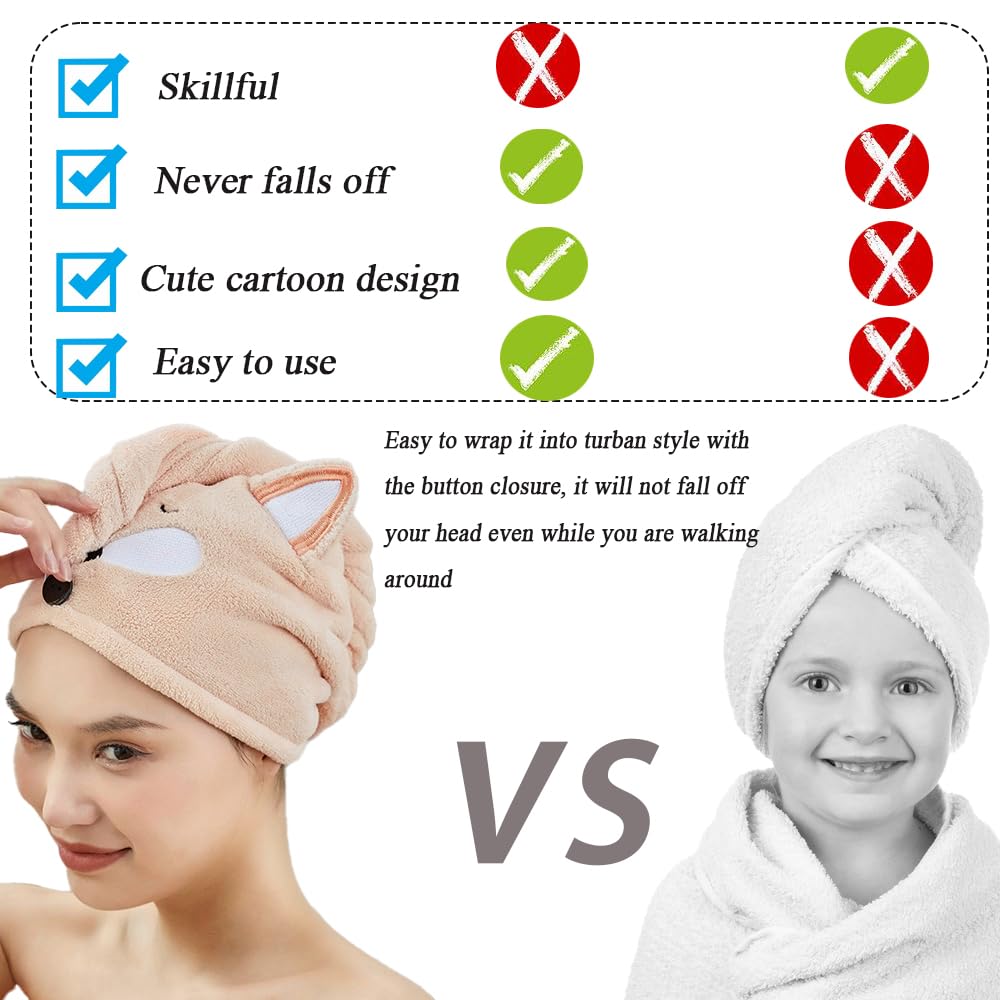 Girls' Absorbent Hair Towel Wrap Kids Hair Drying Wrap Towel Hat Cute Cartoon Turban Towel with Button Anti-Frizz Wet Hair Shower Cap Quick Drying