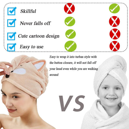 Girls' Absorbent Hair Towel Wrap Kids Hair Drying Wrap Towel Hat Cute Cartoon Turban Towel with Button Anti-Frizz Wet Hair Shower Cap Quick Drying