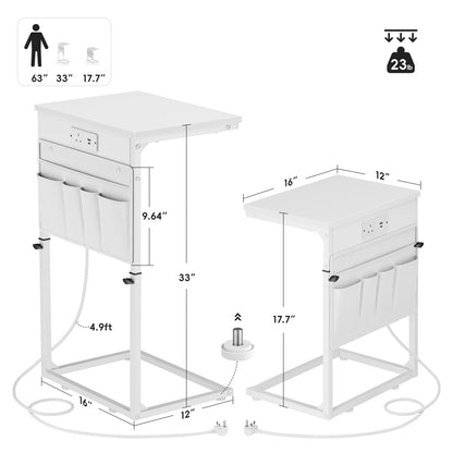 Vagusicc C-Shaped Side Table with Charging Station, Height Adjustable Sofa Side Table, Bedside Table, End Table for Small Spaces