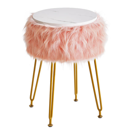 IBUYKE Round Faux Fur Vanity Stool with Storage, Makeup Chair, Pink WBD021P