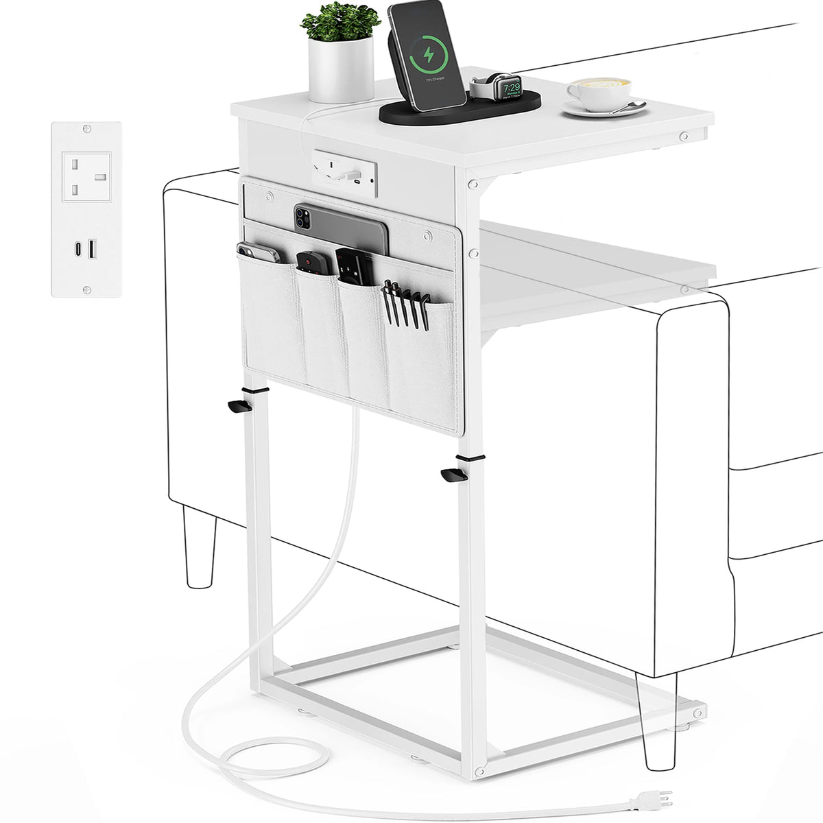 Vagusicc C-Shaped Side Table with Charging Station, Height Adjustable Sofa Side Table, Bedside Table, End Table for Small Spaces