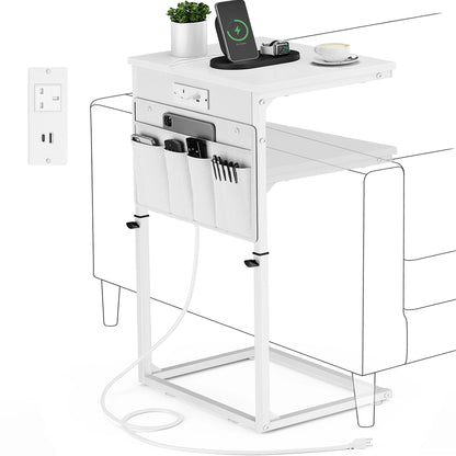Vagusicc C-Shaped Side Table with Charging Station, Height Adjustable Sofa Side Table, Bedside Table, End Table for Small Spaces