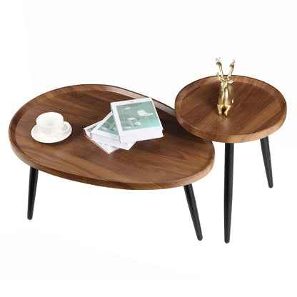 Oval Coffee Table Nest Wood: 2 Nesting Set Large 80cm and Small Round Tables 40cm MDF Wooden Tabletop Under Sofa Table with Metal Triangle Legs
