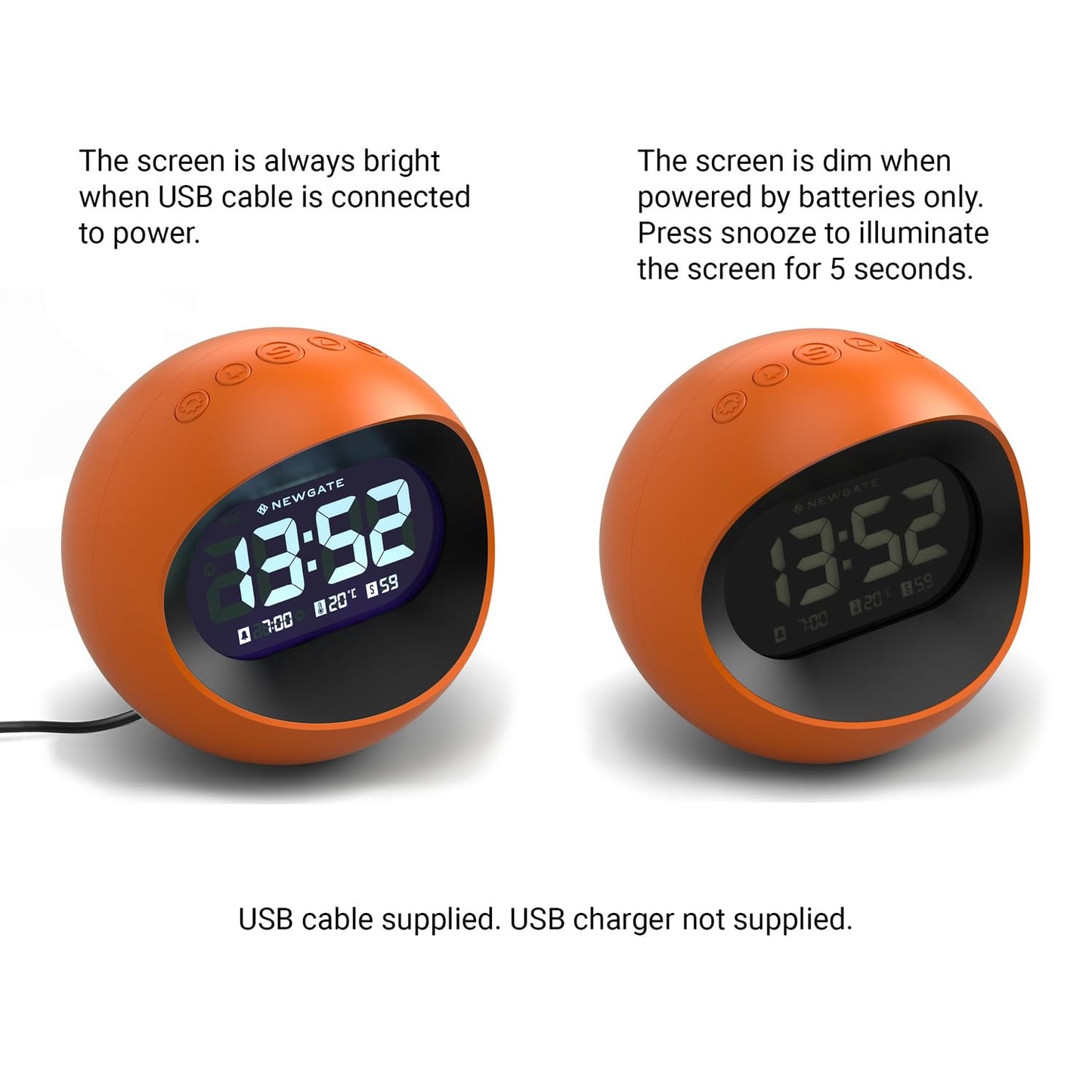 NEWGATE Earth Centre Bedside Digital Alarm Bedroom Accessories-LCD Display-Desk Clock, Acrylic, Orange, cm