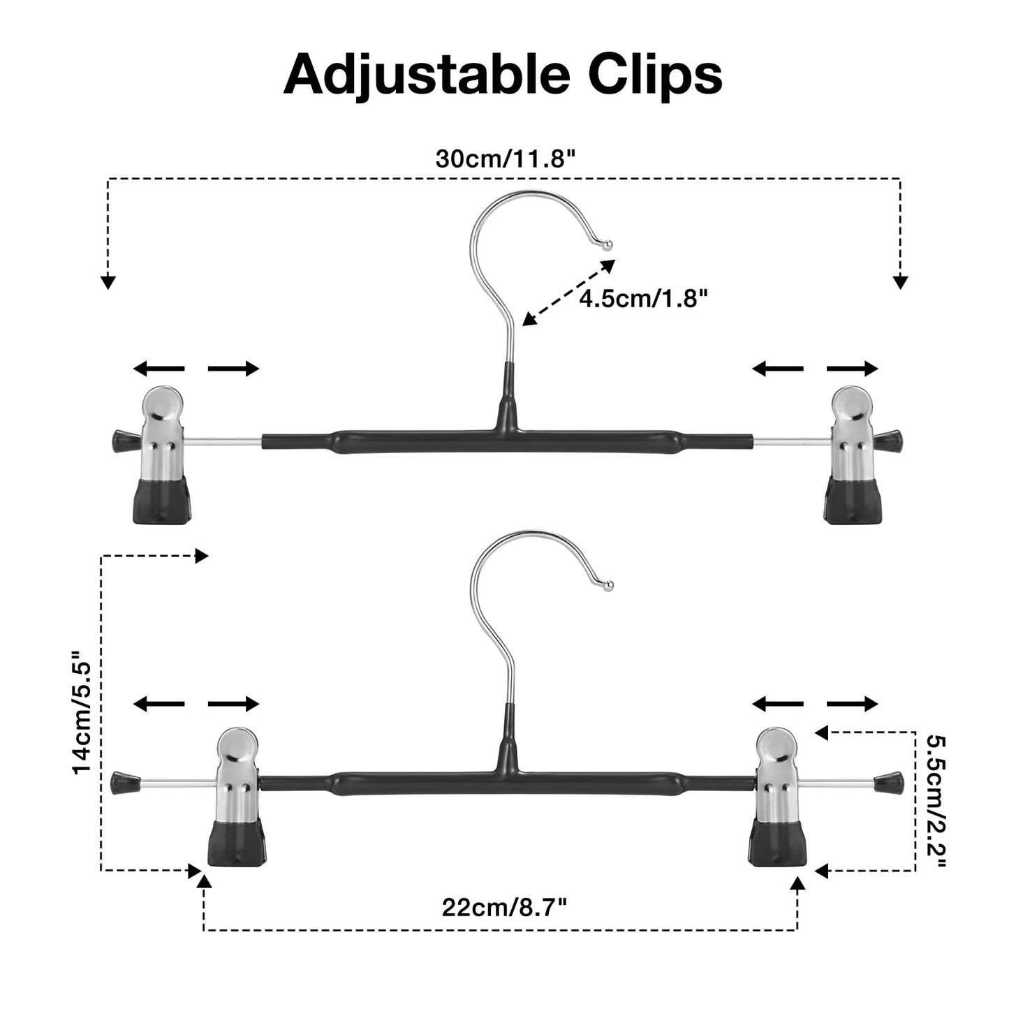 GUANJUNE Thin Trouser Hangers - Non-Slip Pant Hangers with Adjustable Clips, Space Saving for Clothes, Skirt, Jeans, Coat (Black, 10)