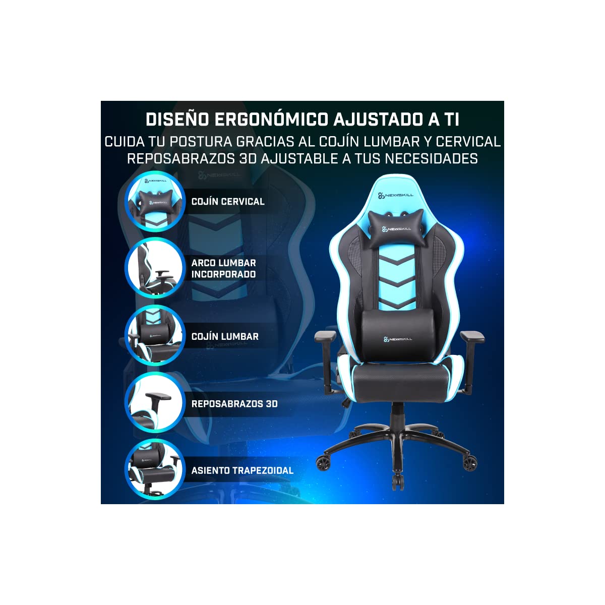Newskill Kaidan Professional Reinforced Gaming Chair with Metal Frame (Back with 180 Degree Tilt Mechanism, 3D Armrests) - Blue