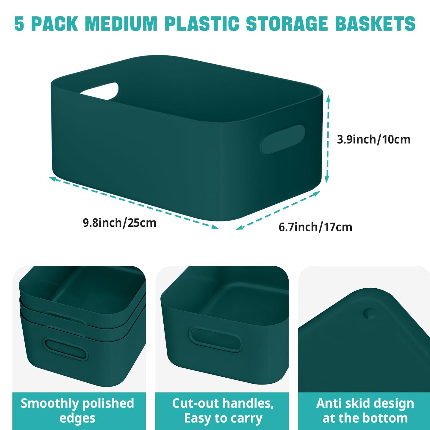 W&H 5 PCS Plastic Storage Boxes, Medium Plastic Storage Baskets with Handle, Home & Kitchen Cupboard Boxes, Organizer Baskets for Bathroom, Shelf