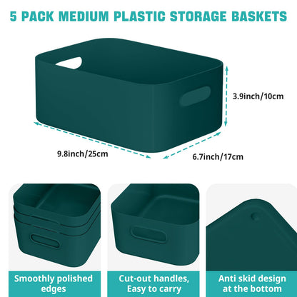 W&H 5 PCS Plastic Storage Boxes, Medium Plastic Storage Baskets with Handle, Home & Kitchen Cupboard Boxes, Organizer Baskets for Bathroom, Shelf