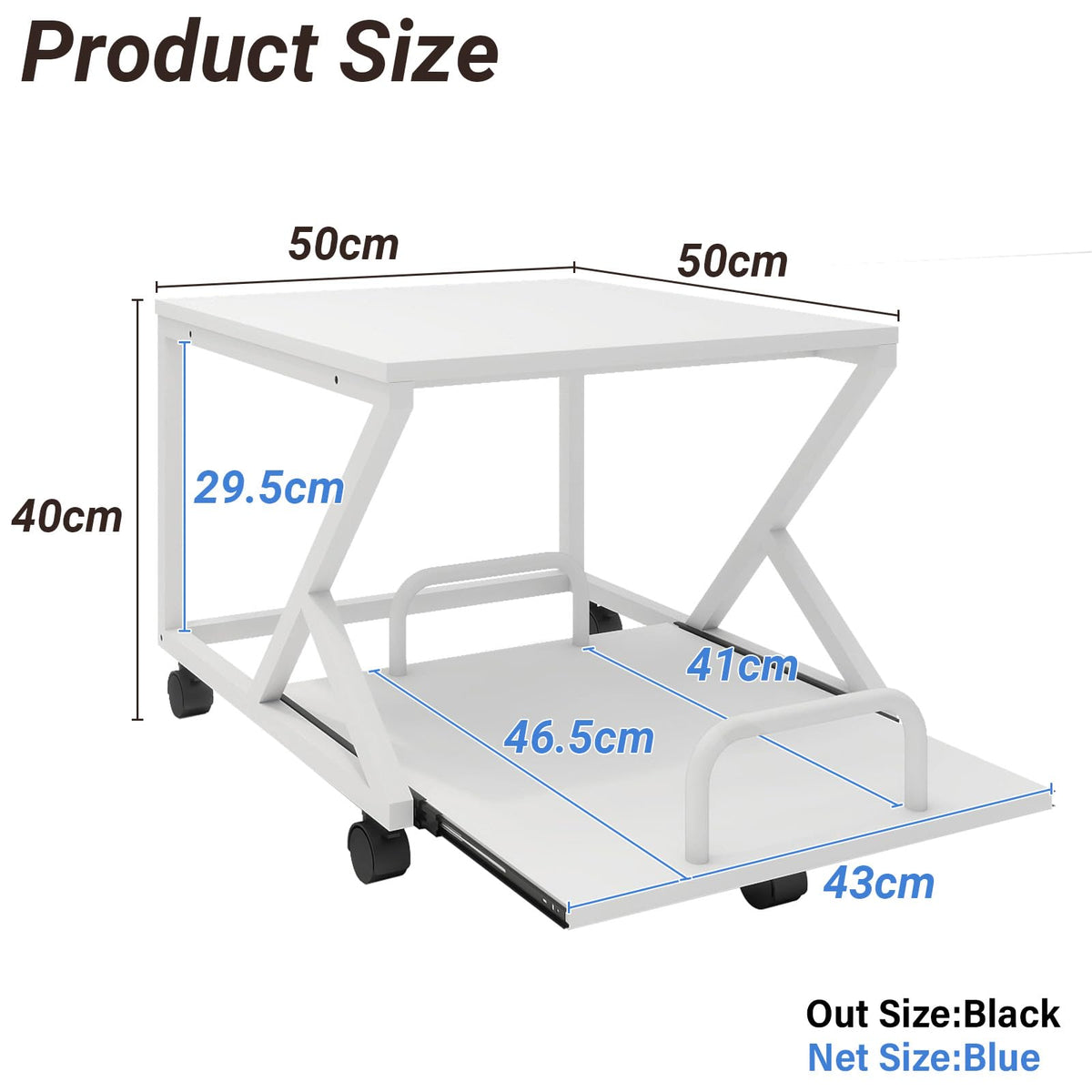 PUNCIA 50x50cm 2-Tier Printer Stand with Pull Out Shelf White