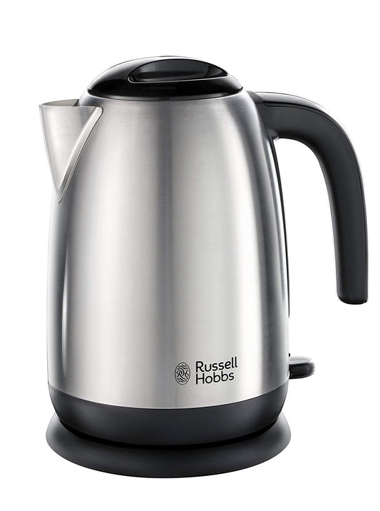Russell Hobbs Stainless Steel & Black Electric 1.7L Cordless Kettle with black handle (Fast Boil 3KW, Removable washable anti-scale filter, Pull off