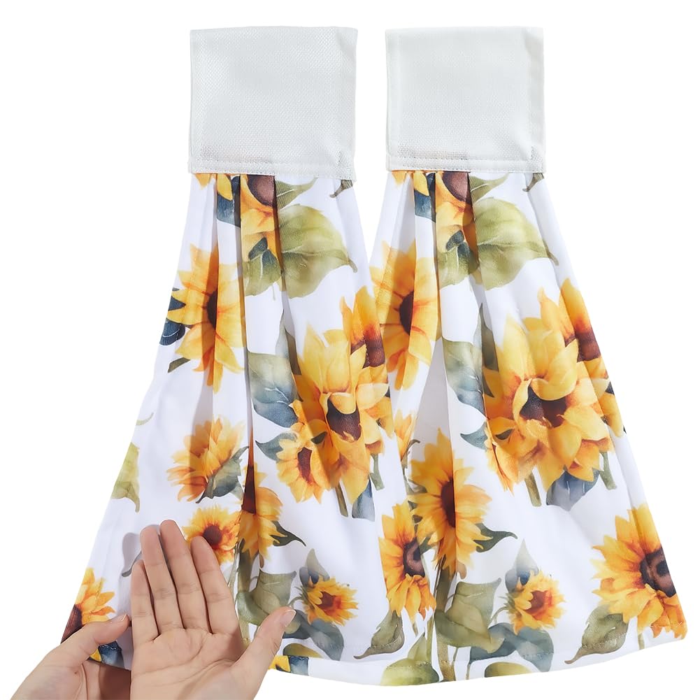 CREATCABIN Sunflower Kitchen Hanging Towel with Hanging Loop Set of 2 Absorbent Kitchen Tie Towels Rustic Dish Cloth Soft Thick Dry Cleaning Hand