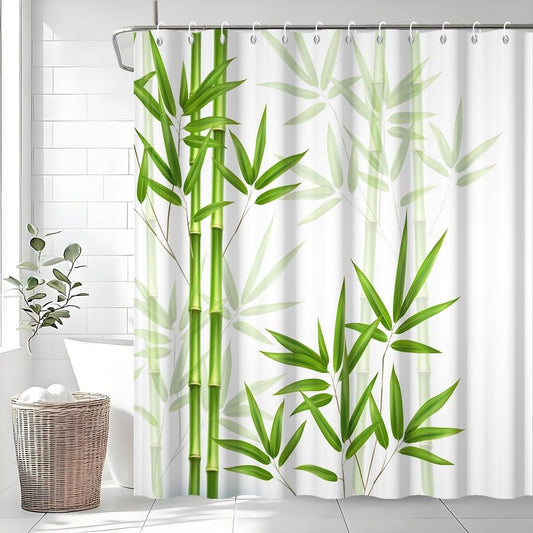 Uiiooazy Bamboo Shower Curtain, Zen Green Leaves Spa Bath Curtain Mildew and Mould Resistant Waterproof Polyester Fabric Washable Opaque Shower
