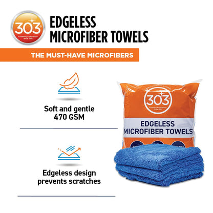 303 Products Edgeless Microfiber Towels for Car Detailing, Home Cleaning- 3 Pack Premium Reusable Edgeless Microfiber Cleaning Cloths Stitch-Free