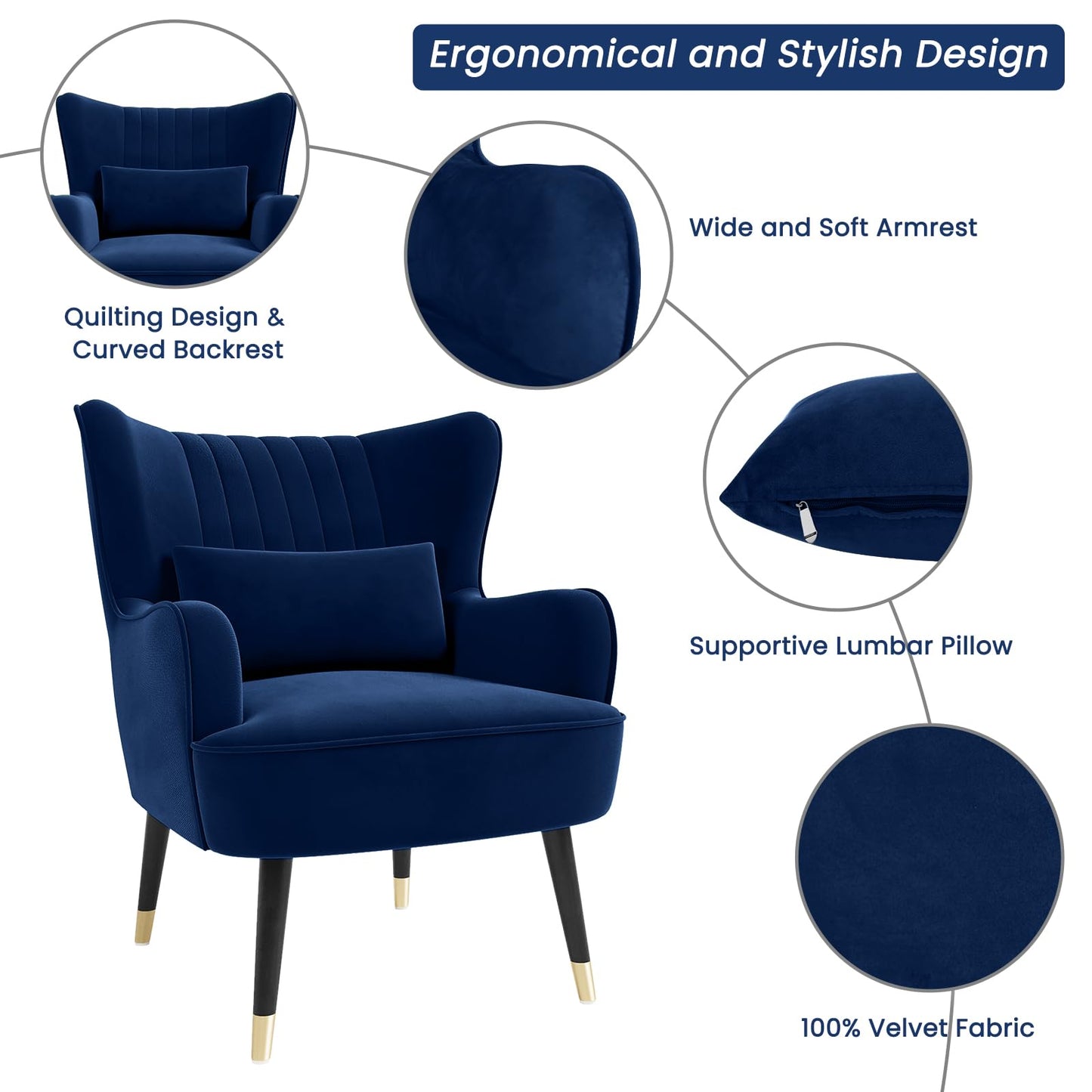 Vesgantti Velvet Accent Chair with Lumbar Pillow, Wing Back Large Armchair