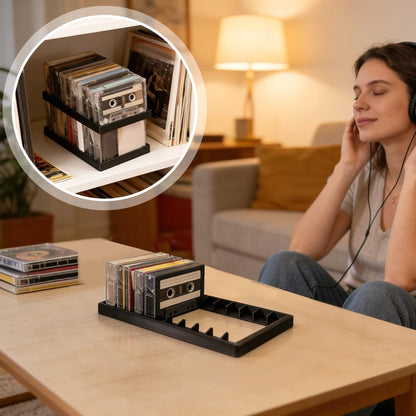 PH PandaHall 2pcs x 10 Slots Cassette Tape Storage Organizer Rack Black Tape Organizer Rack Plastic Audio Cassette Tapes Holder for Home Office