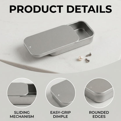 Lotsdonxia 6 Pcs Rectangular Tins, Slider Lid Metal Boxes, 50x25x10mm Portable Storage Containers, Silver Alloy Steel, Airtight Craft Organisers