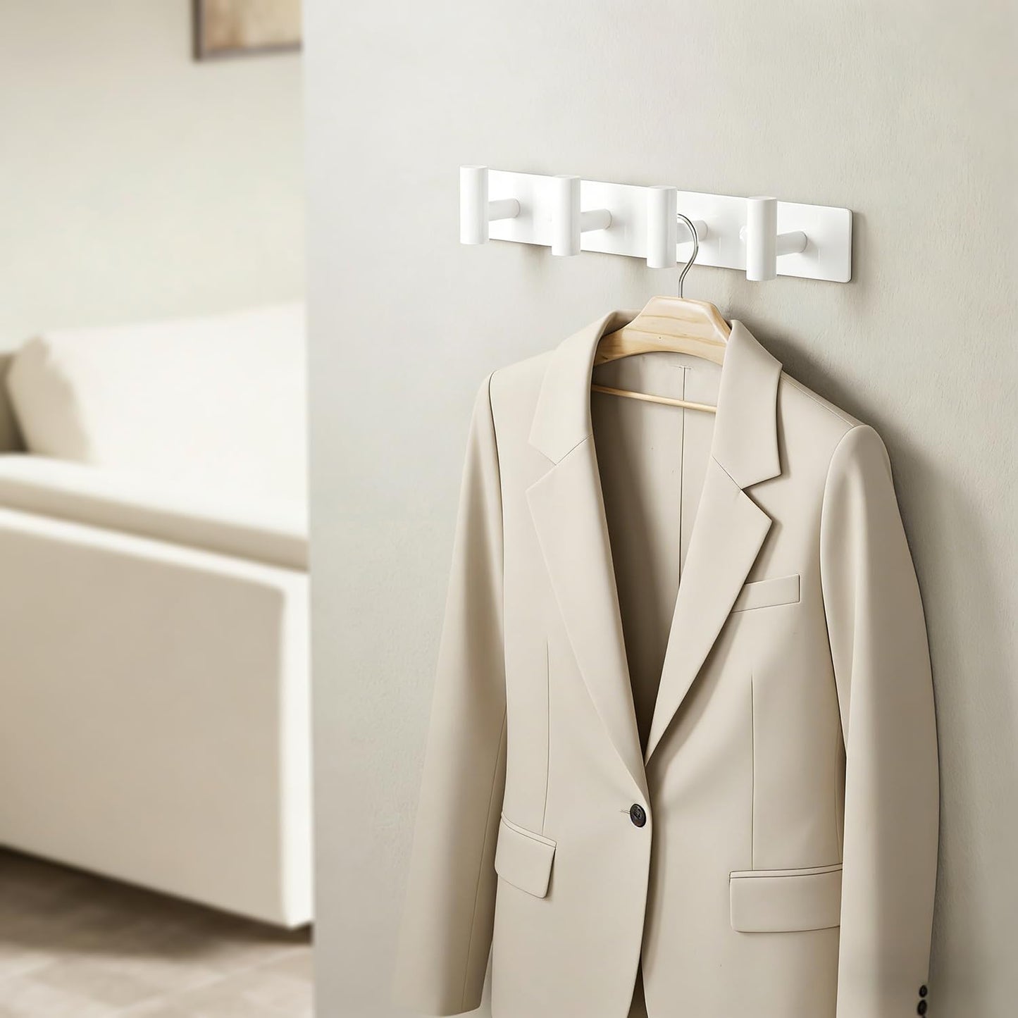 White Wall Mounted Coat Rack – 4 T-Shaped Hooks on 12.6" Metal Rail (1 Pcs)
