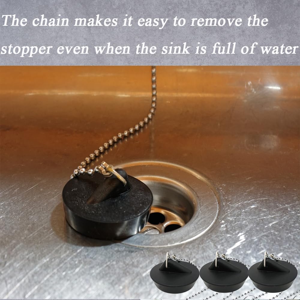 Lxtness 3 Pcs Universal Rubber Bath Plug and Chain - Bathroom Sink Plug Drain Stopper 45mm with Stainless Steel S Hook Chain 400mm Length