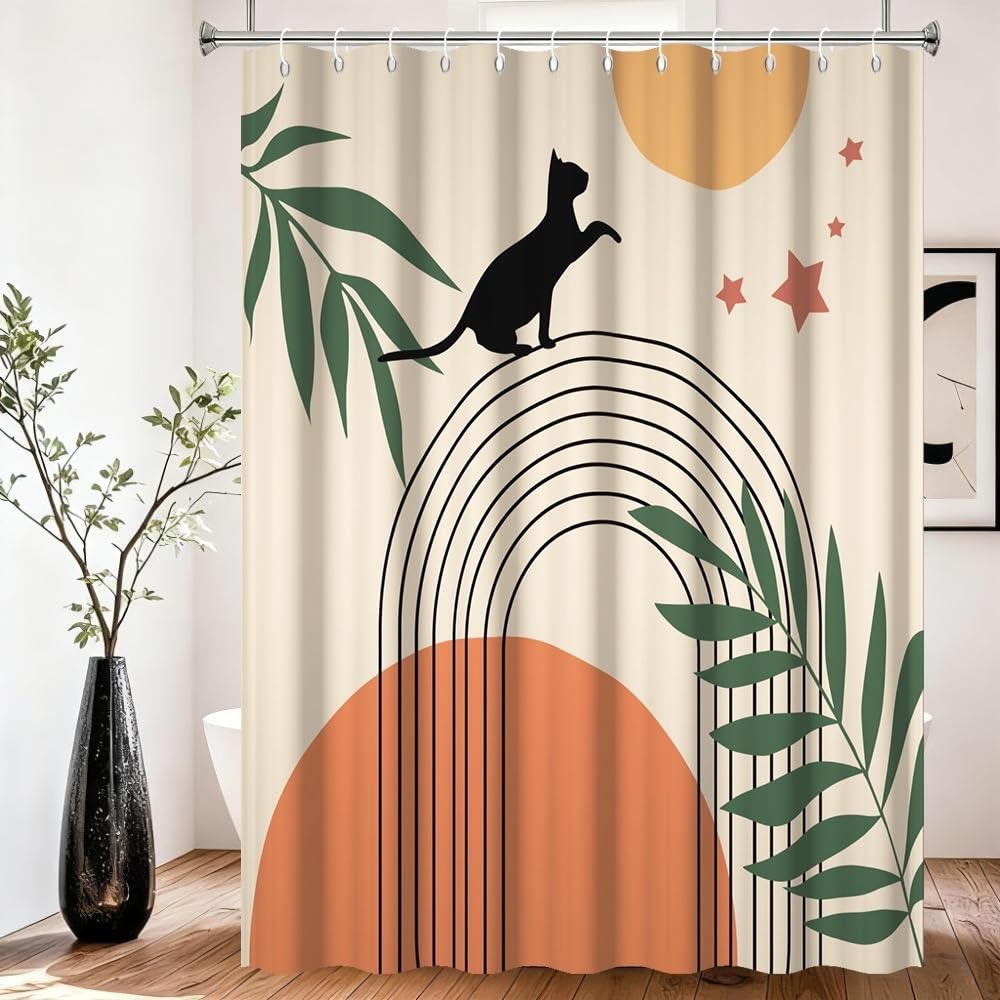 Xiaoterna Boho Shower Curtain Abstract Art Cat Bathroom Curtain Vintage Geometric Pattern Black Lines Green Leaves Sun Stars Cute Black Cat Mould and