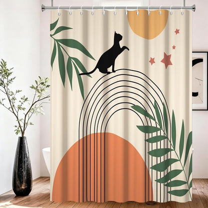 Xiaoterna Boho Shower Curtain Abstract Art Cat Bathroom Curtain Vintage Geometric Pattern Black Lines Green Leaves Sun Stars Cute Black Cat Mould and