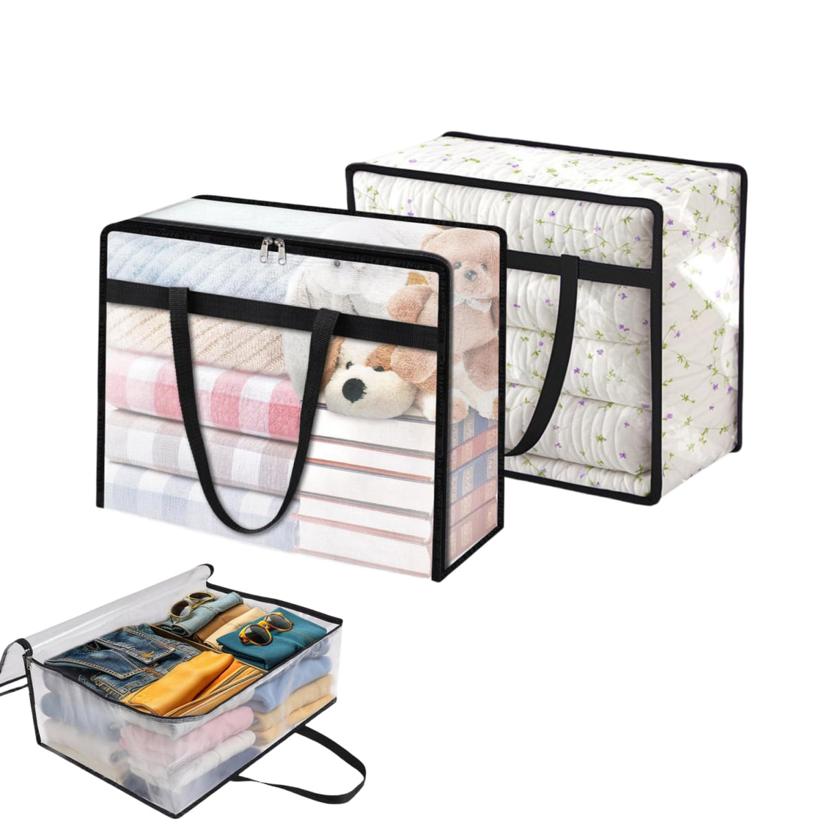 2 Pack Clear Storage Bags for Comforter, Clothes & Bedding, Vinyl Foldable Moving Bags with Zipper and Handle, Closet Organizer and Under-Bed Storage