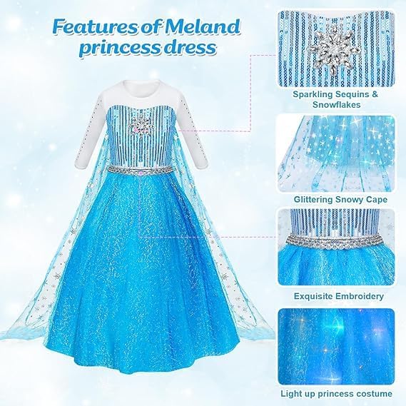 MELAND Princess Costumes for Girls, Princess Dress Up for 3 4 5 6 7 8 Year Old Girls Gift, World Book Day Costume Girls Fancy Dress for Kids Halloween