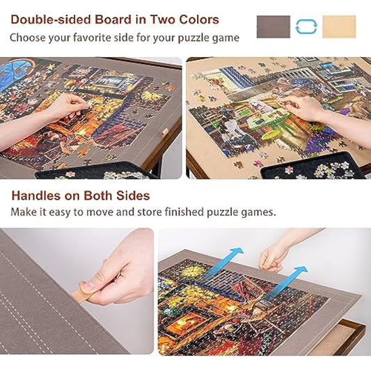 Lavievert Jigsaw Puzzle Tables with Cover and 5 Adjustable Angles, Double-sided Puzzle Board Easel with Auxiliary Line, Wooden Tilting Board with Storage Shelf & 4 Rolling Wheels for Up to 1500 Pieces