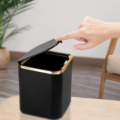 Mini Desktop Bin with Lid 2L,Trash Can,Waste Table Bin for Bedroom,Bathroom,Living Room,Dressing Table,Kitchen,ABS,Light Luxury (Black)