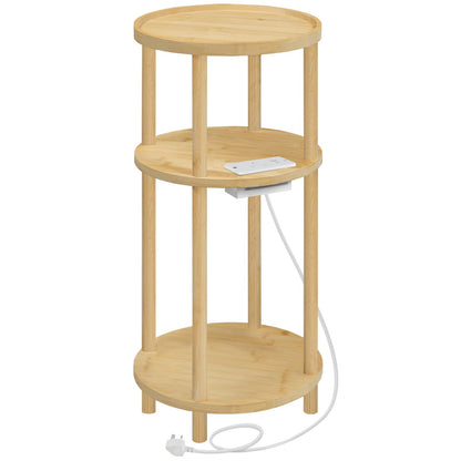HOOBRO Round Side Table with Charging Station, 3-Tier Bamboo Small Sofa Table, Small Table Bedside Table with 1 AC, 1USB Port, 1 Type-C