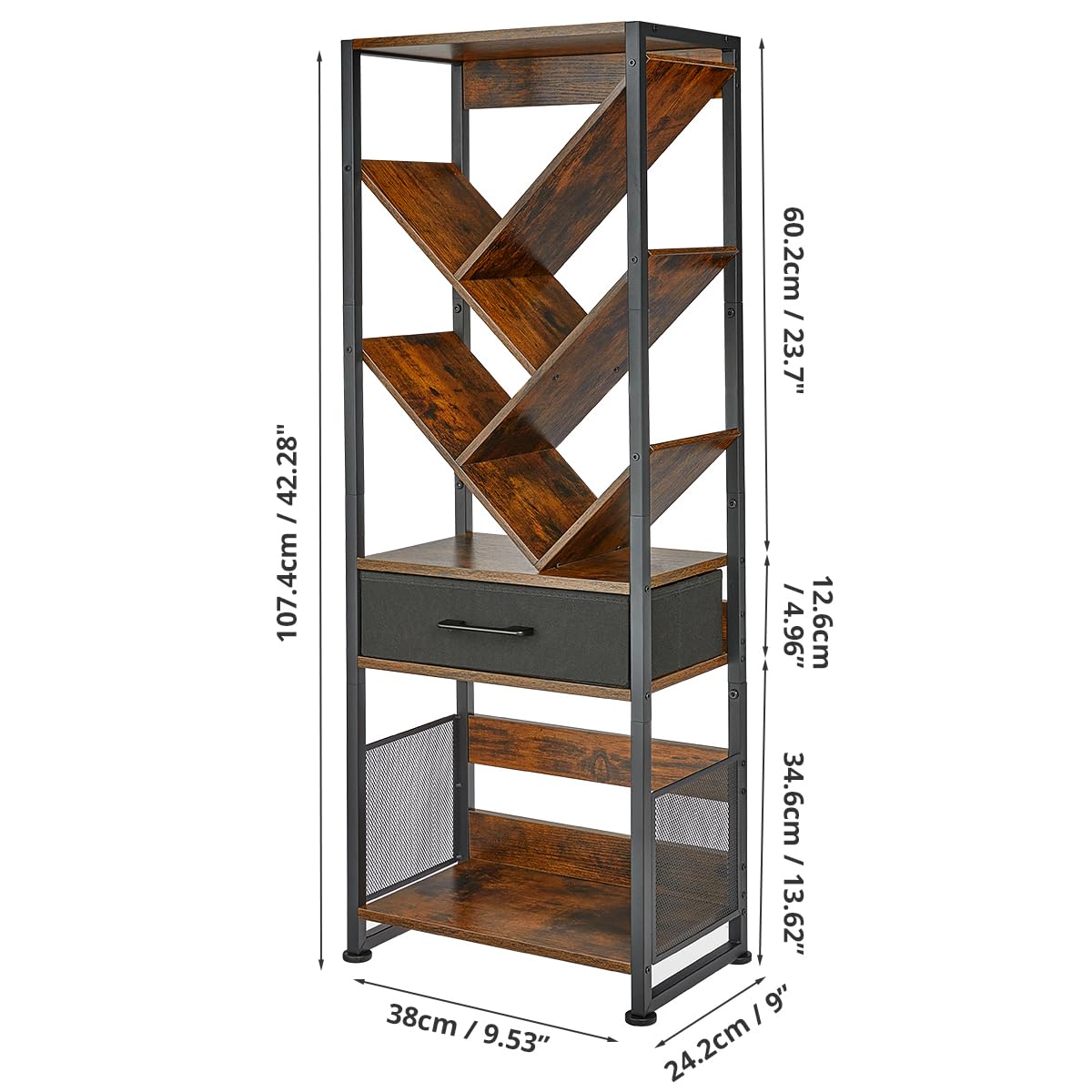 ruboka Tree Bookshelf with Side Table, Tall Bookcase with Storage Cabinet, Floor Standing Modern Narrow Bookshelves Organizer for Bedroom/Living