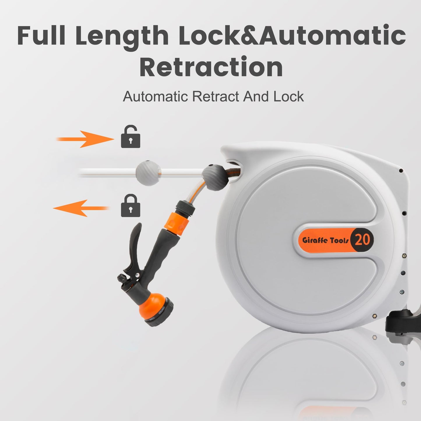 Giraffe Tools Wall Mounted Hose Reel 20+2m, Hose Pipe Reel Automatic Rewind with 7 in 1 Spray Gun and Swivel Bracket for Garden