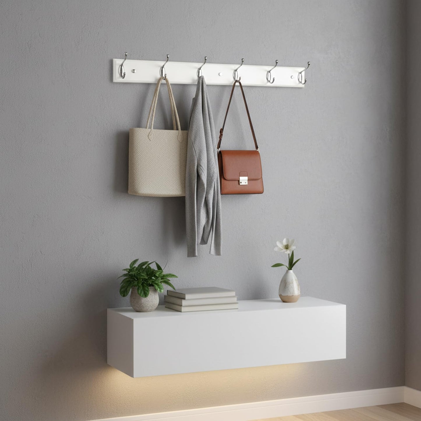 lomejii Wood Wall Mounted Coat Rack with 6 Hooks, 58 cm,White, Strong Coat Hook Rack for Clothes, Hat, Bag