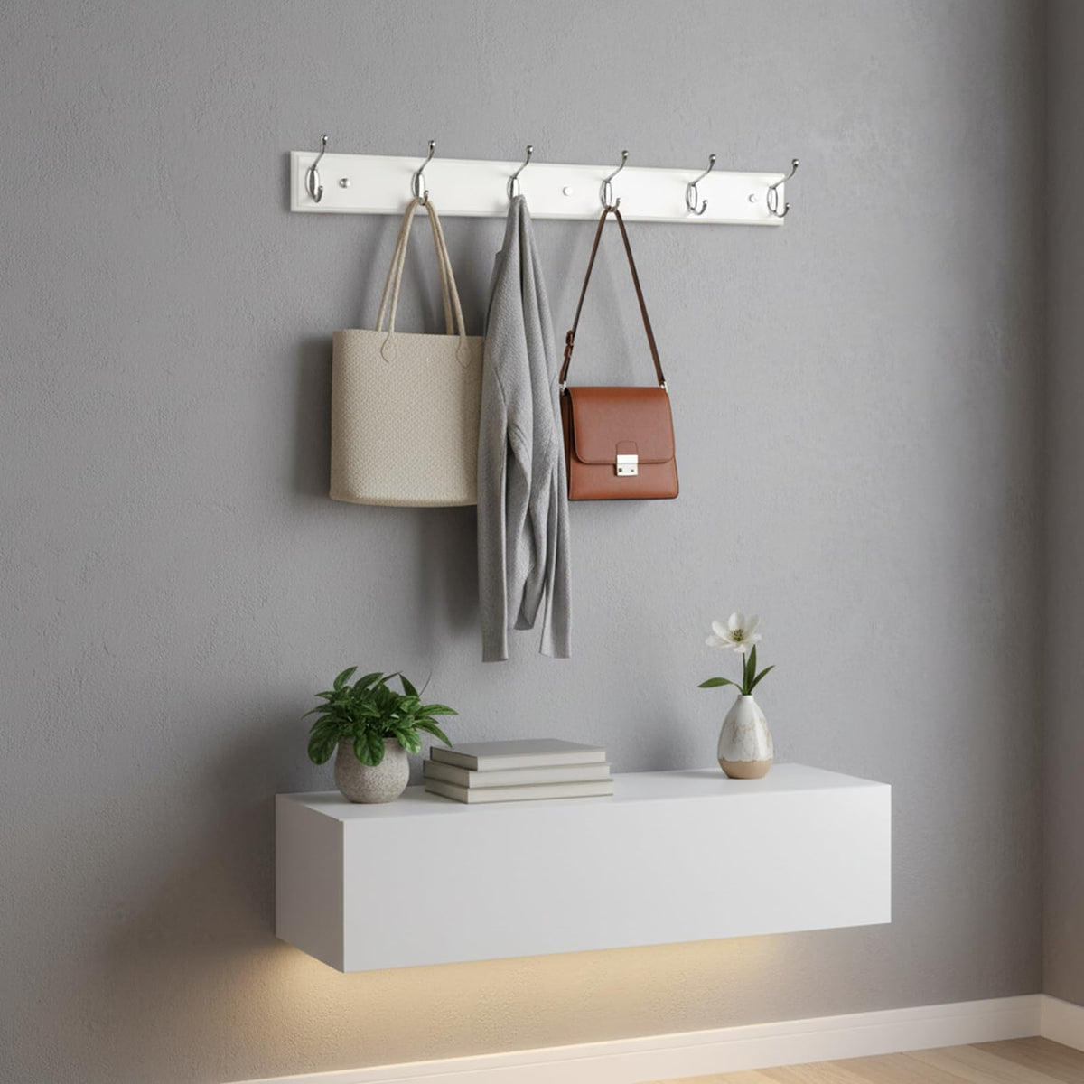 lomejii Long Wooden wall Mounted Coat Rack Wood White 6 Hooks, 70 cm, Sturdy Silver Coat Hook Rack for Clothes, Hats, Bags