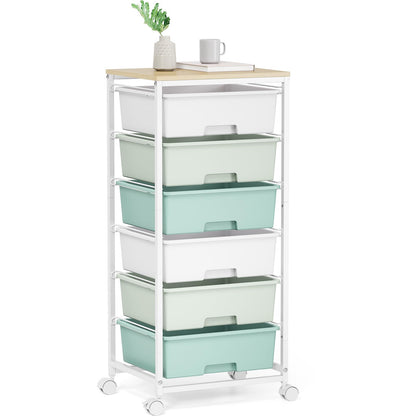 Rolling Storage Cart with 6 Drawers and Wooden Tabletop, Lockable Wheels Utility Cart for Art Studios, Office Supplies & Craft Room Organization