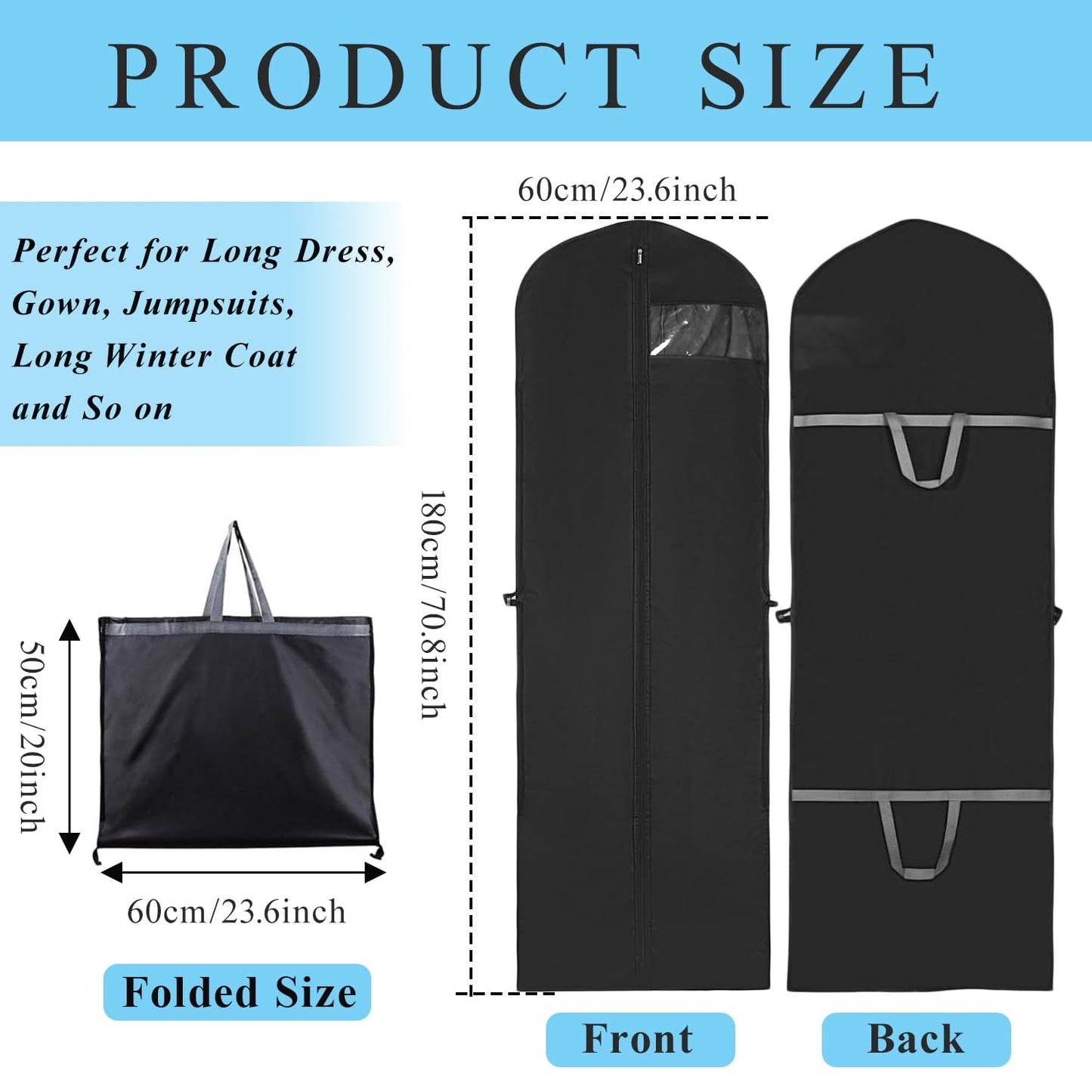 1 Pack Dress Bags Covers Long 60cm*180cm, PEVA Hanging Garment Bags with Handle Waterproof Dustproof Clothes Covers for Gowns, Wedding Dress