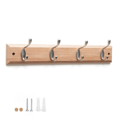 Flatro Coat Hooks Wall-Mounted (Fixings Included) MDF with a Bamboo Finish Coat Rack with 4 Zinc Alloy Hooks to Hang Hats, Jackets, Bags, Keys
