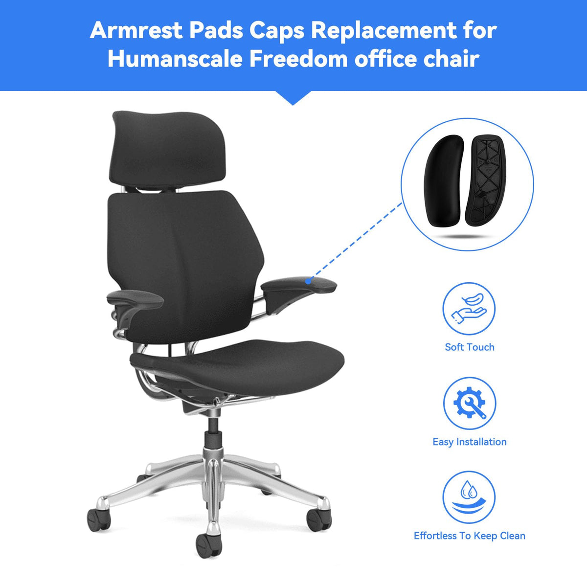 SINOLUXE Arm Pads Replacement for Humanscale Freedom Office Chair, Only for Height Adjustable Arm（Black, 1 Pair）