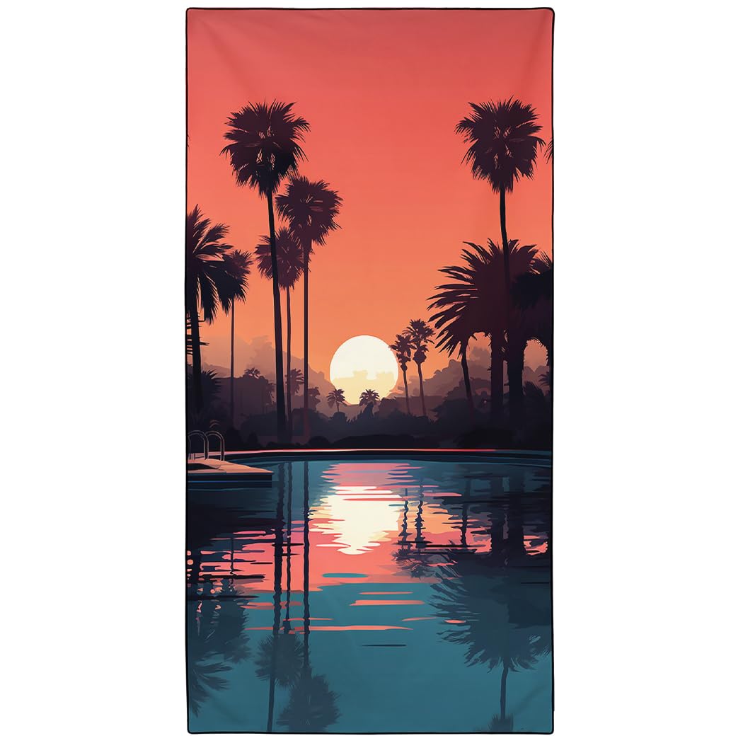 YISUMEI Sunset Pool Palm Tree Beach Towels for Adults Extra Large 180x90cm, Microfibre Quick Dry Towel for Travel Swimming Camping Sports