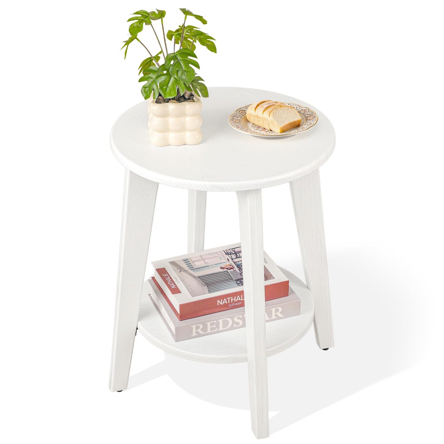 FEUFOAM Small End Side Table Wooden Round End Table with Lower Shelf White Nightstand Sofa Tables for Small Spaces, Living Room, Bedroom