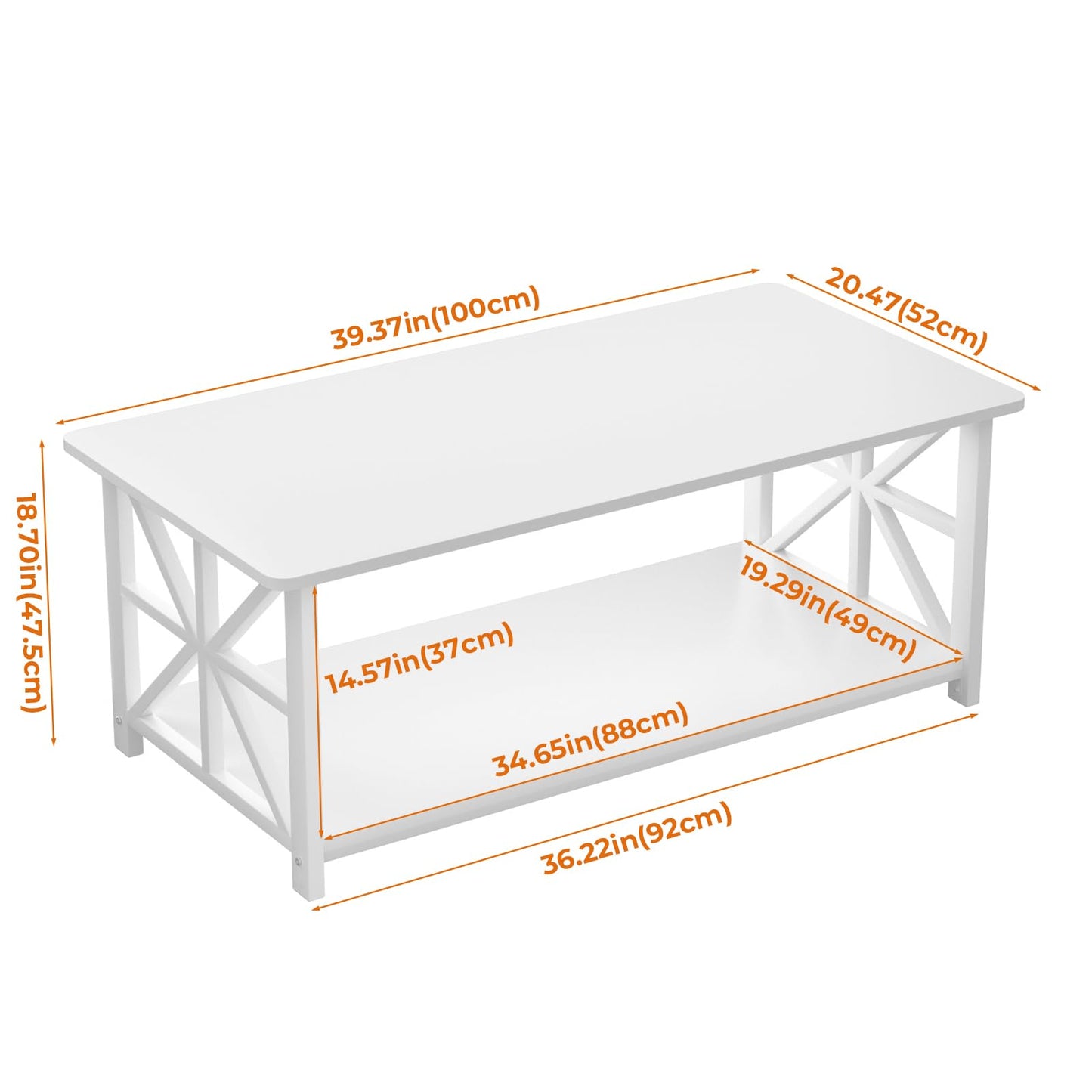 GreenForest Coffee Table with 2-Tier Storage,100 cm Living Room Table with Round Corner, Center Table with X-Frame Design for Home Office,White