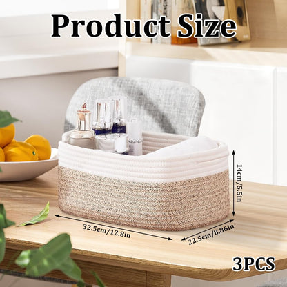 Jonuin Cotton Rope Storage Baskets, 3 Pack 32x22x14cm Storage Baskets for Shelves, Small Woven Storage Baskets for Organizing Towels