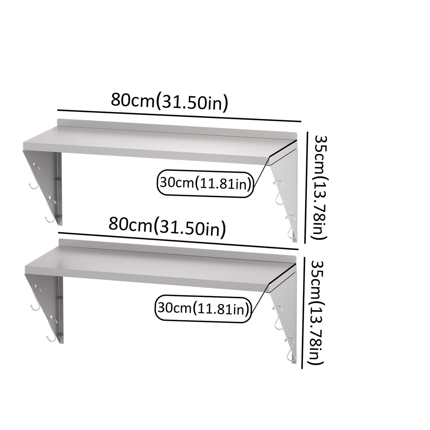 Stainless Steel Shelf Commercial Kitchen Wall Shelves (80x30cm, 2PCS)