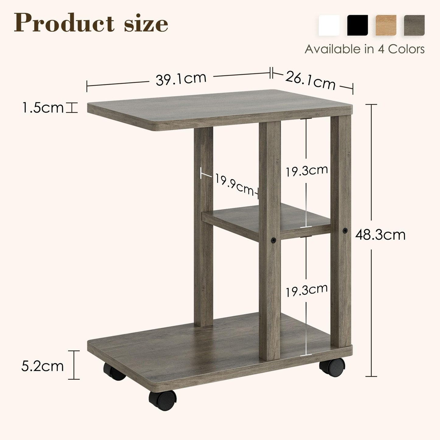 Apetaccat Side Table on Wheels, C-Shaped Sofa Table, Narrow Side Table, Wood Coffee Tables,Small End Tables Bedside for Living Room, Bedroom,Grey