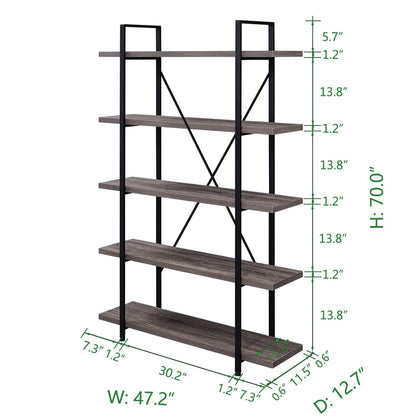 HSH 5 Tier BookShelf Farmhouse Storage Bookcases Modern Shelf Grey Oak