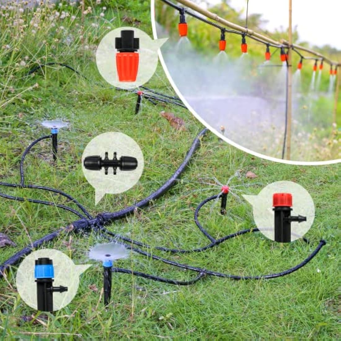 MIXC 226 FT Drip Irrigation System Kit, Automatic Watering System for Garden Greenhouse with 1/4" & 1/2" Tubing - Adjustable Nozzles & Sprinklers for Garden, Greenhouse, Lawn, Potted Plants