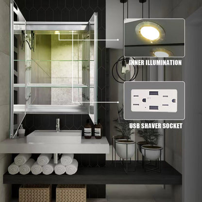 Janboe LED Mirror Cabinet,Bathroom Mirror Cabinet with Lights,61cm×71cm,Equip with Internal Light,Aluminum Construction,USB Shaver Socket,3