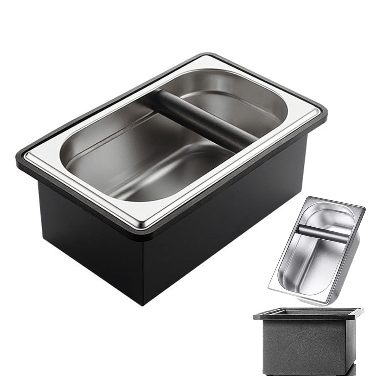 Gocoffun Espresso Coffee Knock Box, Large Size Stainless Steel Coffee Pucks Container, with Noise Reduction Rubber Ring,Silicone Bar for Knocking