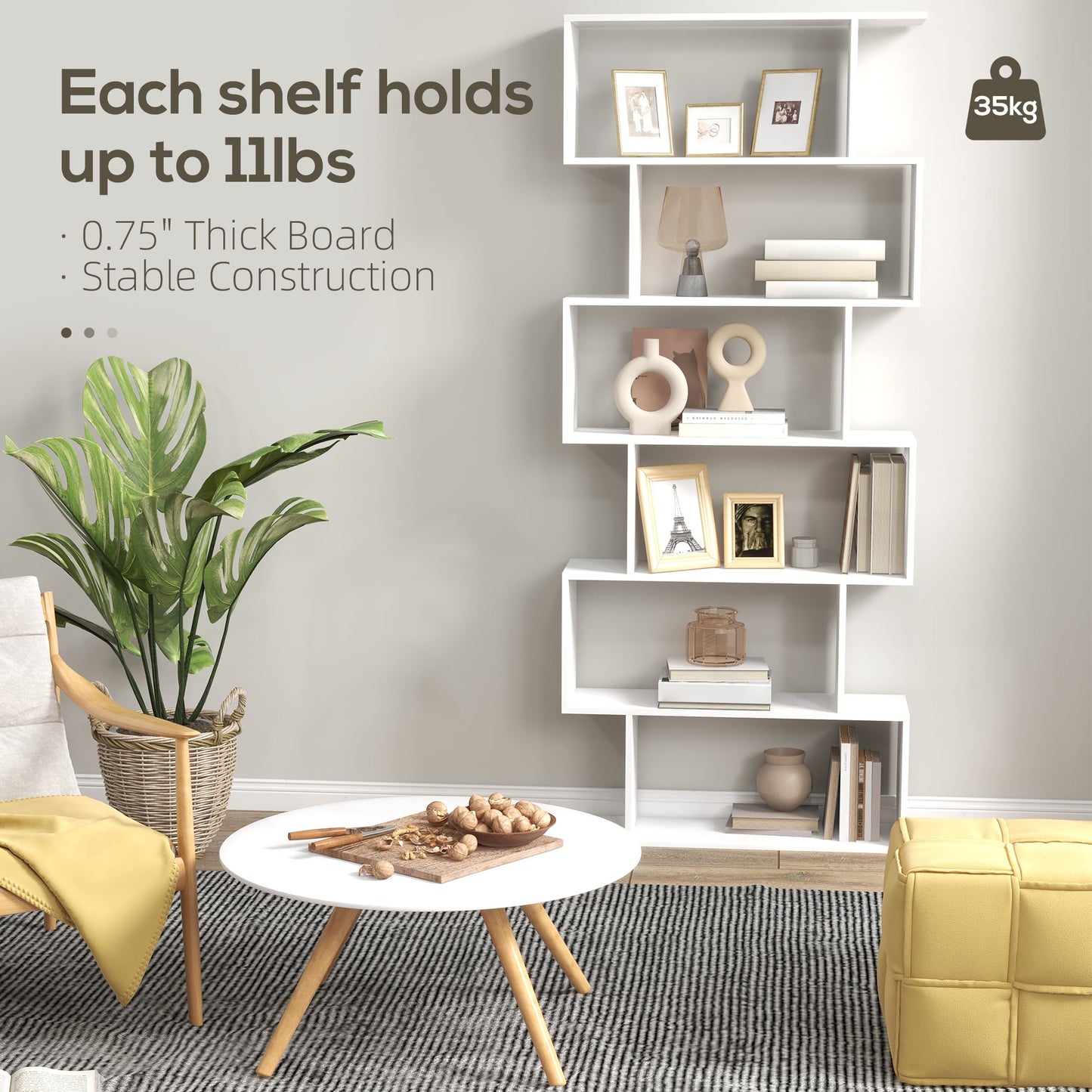 HOMCOM Bookcase, 6 Tier Shelf S Shaped Bookshelf, Storage Unit, Display Shelf for Living Room, Bedroom, Home Office, Plant, White