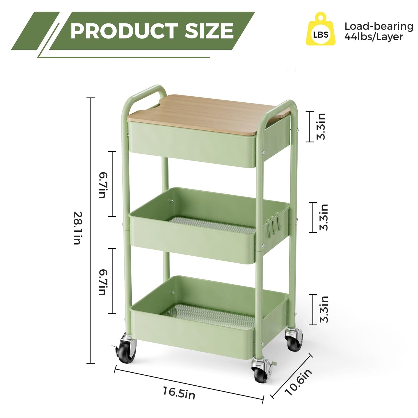 Shrivee 3 Tier Rolling Cart with Table top, Metal Rolling Utility Cart on Wheels, Sturdy Storage Organizer Cart with Hooks for Office, Classroom
