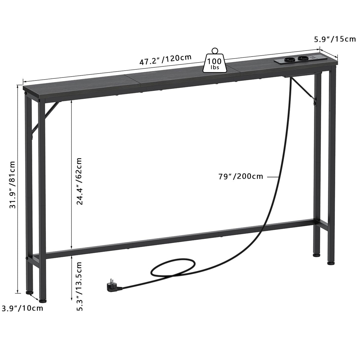 VEDECASA 5.9" Skinny Console Table with Charging Station Narrow Long Behind Couch Table with Power Outlets USB Ports Slim Sofa Table for Entryway